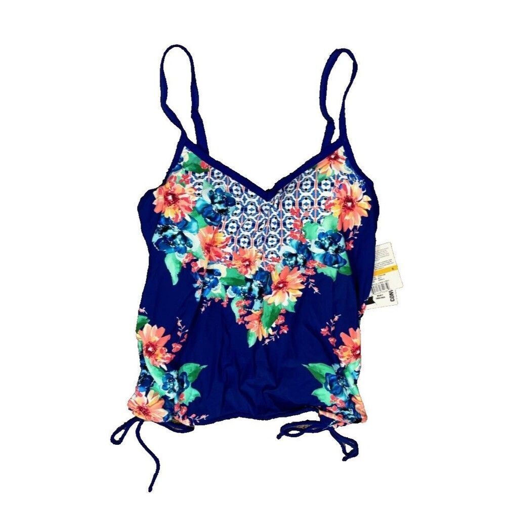 24th and Ocean Tropical V-Neck Underwire Tie Side Tankini Top sz S Blue